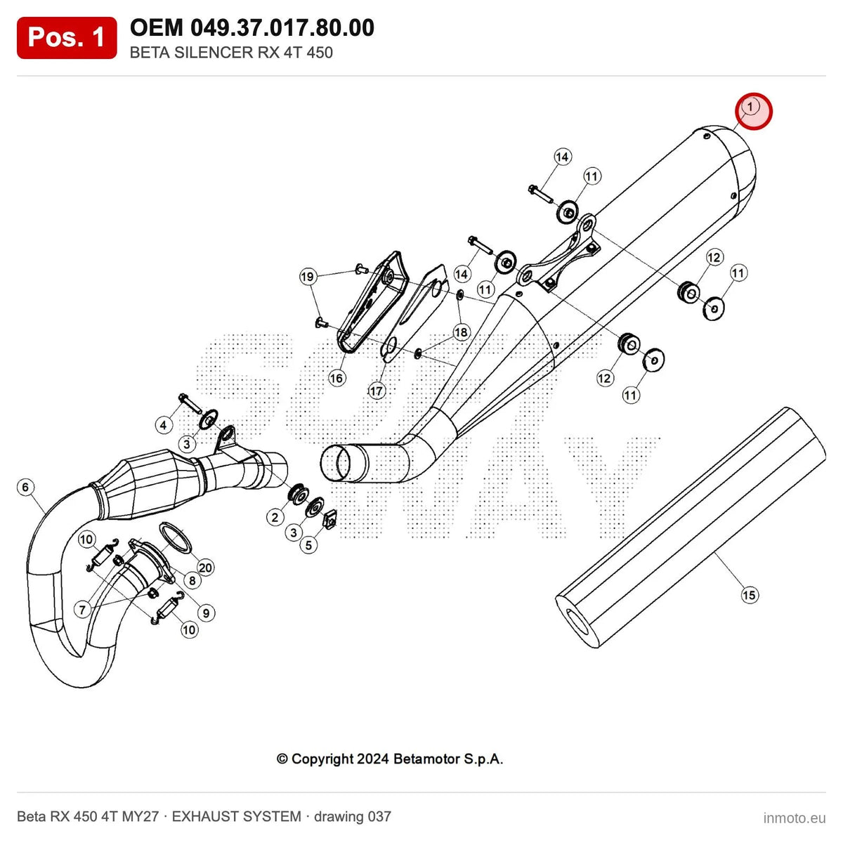 BETA SILENCER RX 4T 450 – OEM 049.37.017.80.00, position 1 on the Beta RX 450 4T MY27 exhaust system drawing