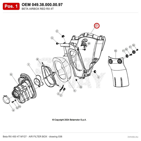 BETA AIRBOX RED RX 4T – OEM 049.38.000.00.97, position 1 on the Beta RX 450 4T MY27 air filter box drawing