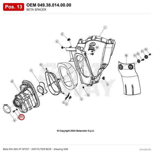 BETA SPACER – OEM 049.38.014.00.00, position 13 on the Beta RX 450 4T MY27 air filter box drawing