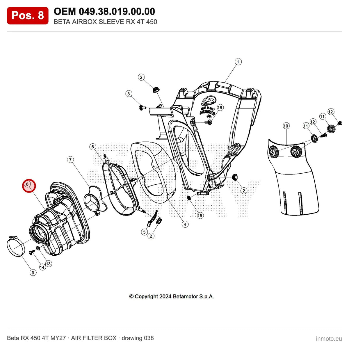 BETA AIRBOX SLEEVE RX 4T 450 – OEM 049.38.019.00.00, position 8 on the Beta RX 450 4T MY27 air filter box drawing