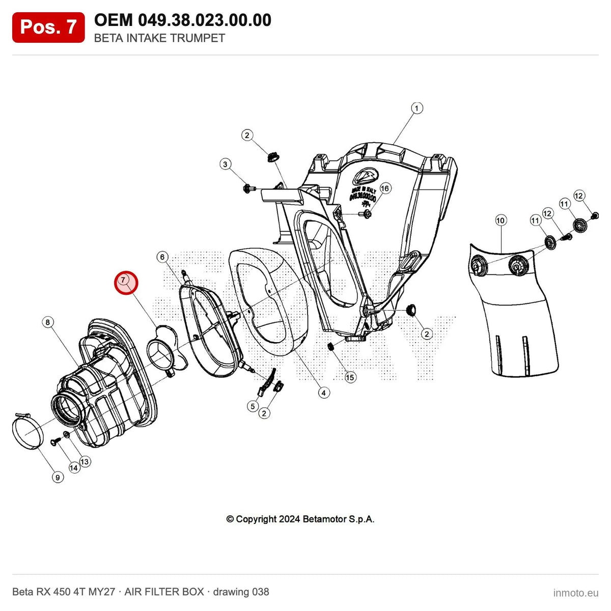 BETA INTAKE TRUMPET – OEM 049.38.023.00.00, position 7 on the Beta RX 450 4T MY27 air filter box drawing