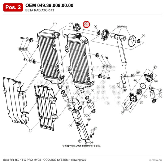 BETA RADIATOR 4T – OEM 049.39.009.00.00, position 2 on the Beta RR 350 4T X-PRO MY25 cooling system drawing