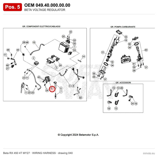 BETA VOLTAGE REGULATOR – OEM 049.40.000.00.00, position 5 on the Beta RX 450 4T MY27 wiring harness drawing