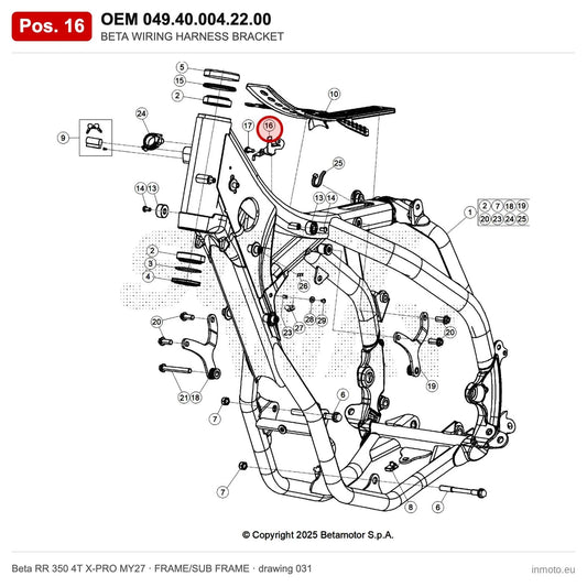 BETA WIRING HARNESS BRACKET – OEM 049.40.004.22.00, position 16 on the Beta RR 350 4T X-PRO MY27 frame/sub frame drawing