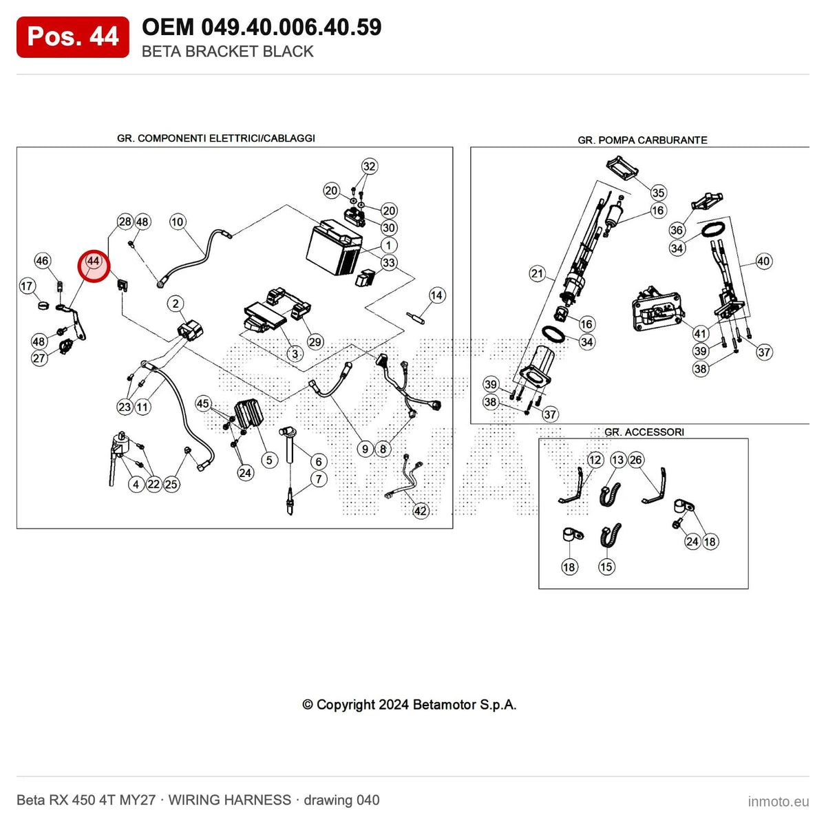 BETA BRACKET BLACK – OEM 049.40.006.40.59, position 44 on the Beta RX 450 4T MY27 wiring harness drawing