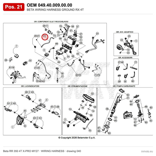 BETA WIRING HARNESS GROUND RX 4T – OEM 049.40.009.00.00, position 21 on the Beta RR 350 4T X-PRO MY27 wiring harness drawing