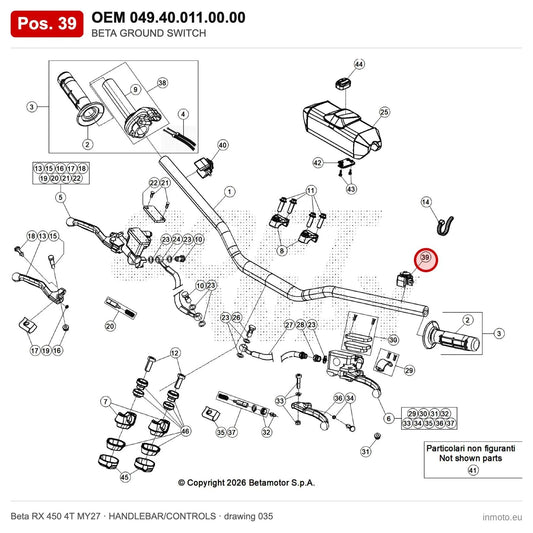 BETA GROUND SWITCH – OEM 049.40.011.00.00, position 39 on the Beta RX 450 4T MY27 handlebar/controls drawing