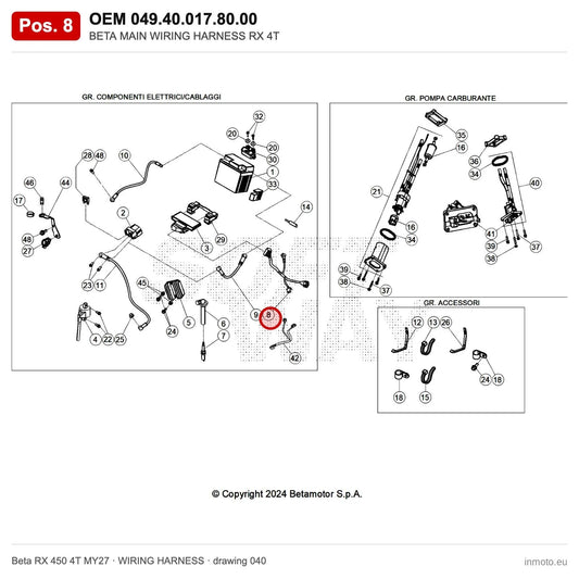 BETA MAIN WIRING HARNESS RX 4T – OEM 049.40.017.80.00, position 8 on the Beta RX 450 4T MY27 wiring harness drawing