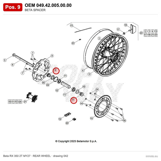 BETA SPACER – OEM 049.42.005.00.00, position 9 on the Beta RX 350 2T MY27 rear wheel drawing