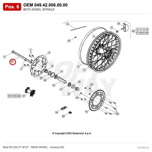 BETA WHEEL SPINDLE – OEM 049.42.006.00.00, position 6 on the Beta RX 350 2T MY27 rear wheel drawing