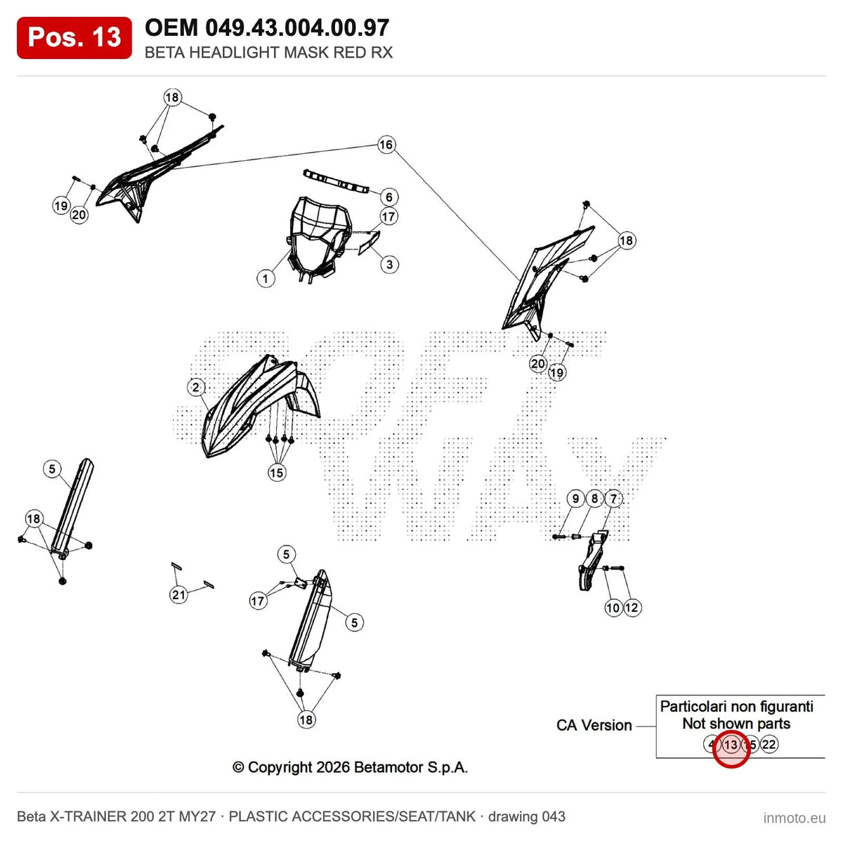 BETA HEADLIGHT MASK RED RX – OEM 049.43.004.00.97, position 13 on the Beta X-TRAINER 200 2T MY27 plastic accessories/seat/tank drawing