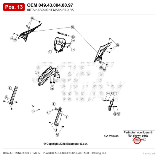 BETA HEADLIGHT MASK RED RX – OEM 049.43.004.00.97, position 13 on the Beta X-TRAINER 200 2T MY27 plastic accessories/seat/tank drawing