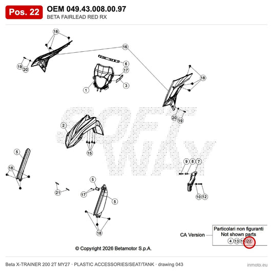 BETA FAIRLEAD RED RX – OEM 049.43.008.00.97, position 22 on the Beta X-TRAINER 200 2T MY27 plastic accessories/seat/tank drawing