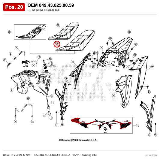 BETA SEAT BLACK RX – OEM 049.43.025.00.59, position 20 on the Beta RX 250 2T MY27 plastic accessories/seat/tank drawing