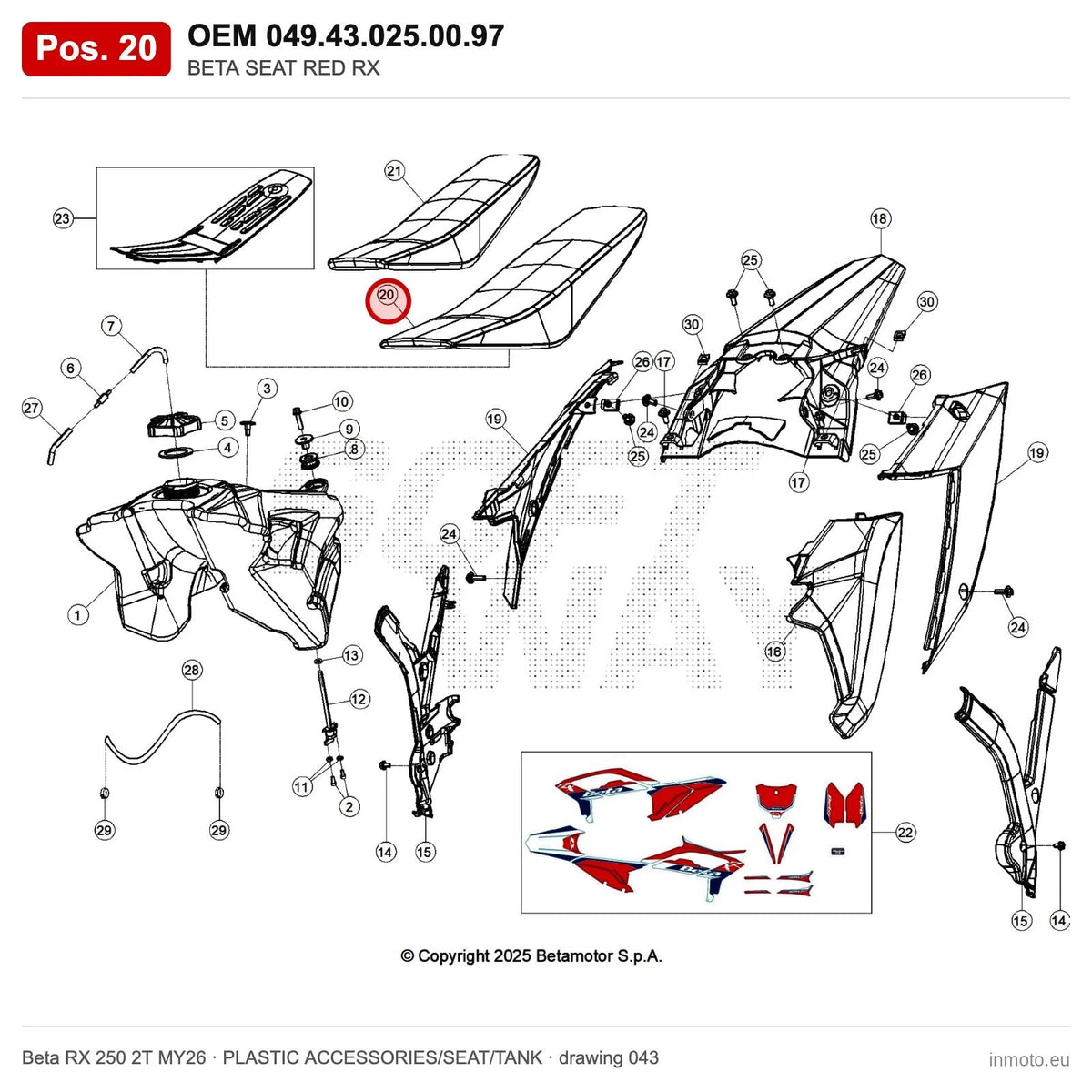 BETA SEAT RED RX – OEM 049.43.025.00.97, position 20 on the Beta RX 250 2T MY26 plastic accessories/seat/tank drawing