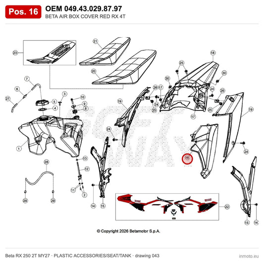 BETA AIR BOX COVER RED RX 4T – OEM 049.43.029.87.97, position 16 on the Beta RX 250 2T MY27 plastic accessories/seat/tank drawing