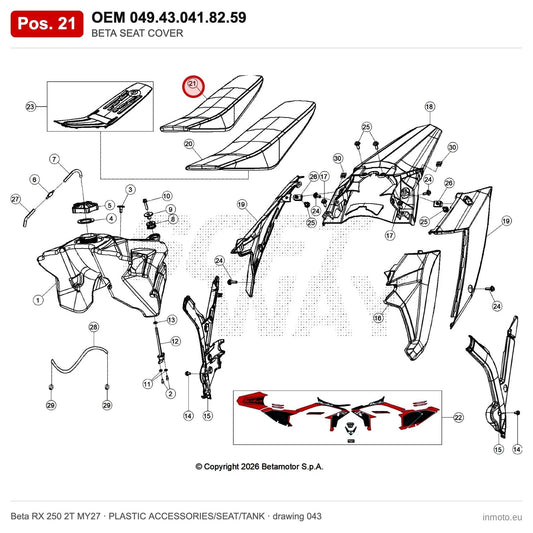 BETA SEAT COVER – OEM 049.43.041.82.59, position 21 on the Beta RX 250 2T MY27 plastic accessories/seat/tank drawing