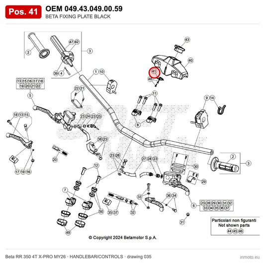 BETA FIXING PLATE BLACK 4T – OEM 049.43.049.00.59, position 41 on the Beta RR 350 4T X-PRO MY26 handlebar/controls drawing