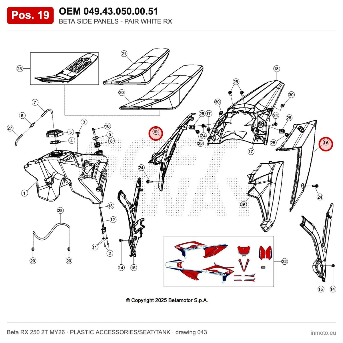 BETA SIDE PANELS - PAIR WHITE RX – OEM 049.43.050.00.51, position 19 on the Beta RX 250 2T MY26 plastic accessories/seat/tank drawing