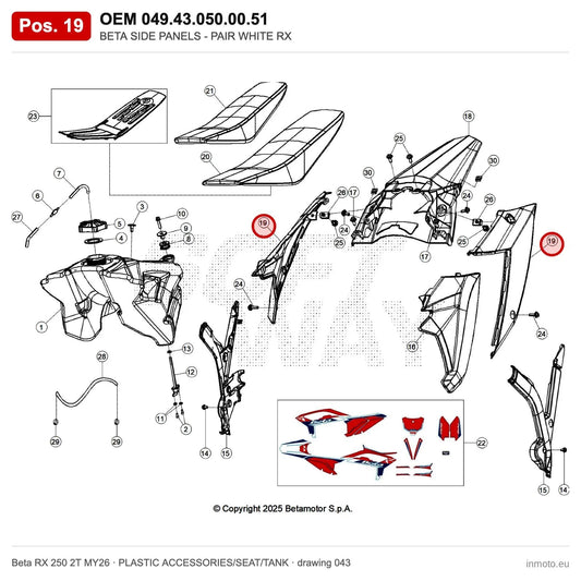 BETA SIDE PANELS - PAIR WHITE RX – OEM 049.43.050.00.51, position 19 on the Beta RX 250 2T MY26 plastic accessories/seat/tank drawing