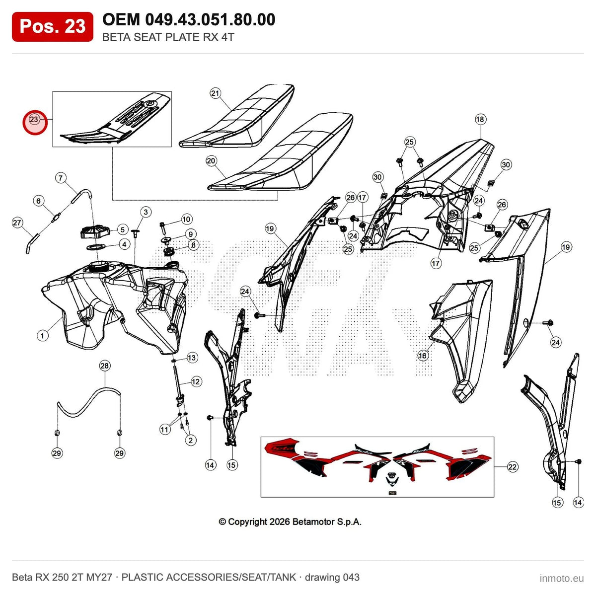 BETA SEAT PLATE RX 4T – OEM 049.43.051.80.00, position 23 on the Beta RX 250 2T MY27 plastic accessories/seat/tank drawing