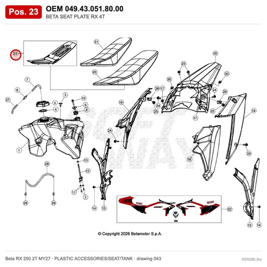 BETA SEAT PLATE RX 4T – OEM 049.43.051.80.00, position 23 on the Beta RX 250 2T MY27 plastic accessories/seat/tank drawing