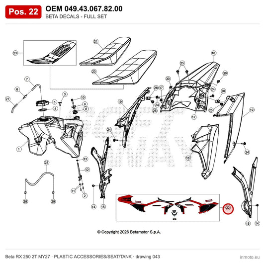 BETA DECALS - FULL SET – OEM 049.43.067.82.00, position 22 on the Beta RX 250 2T MY27 plastic accessories/seat/tank drawing