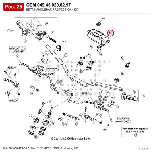 BETA HANDLEBAR PROTECTION -KIT – OEM 049.45.020.82.97, position 25 on the Beta RX 450 4T MY27 handlebar/controls drawing