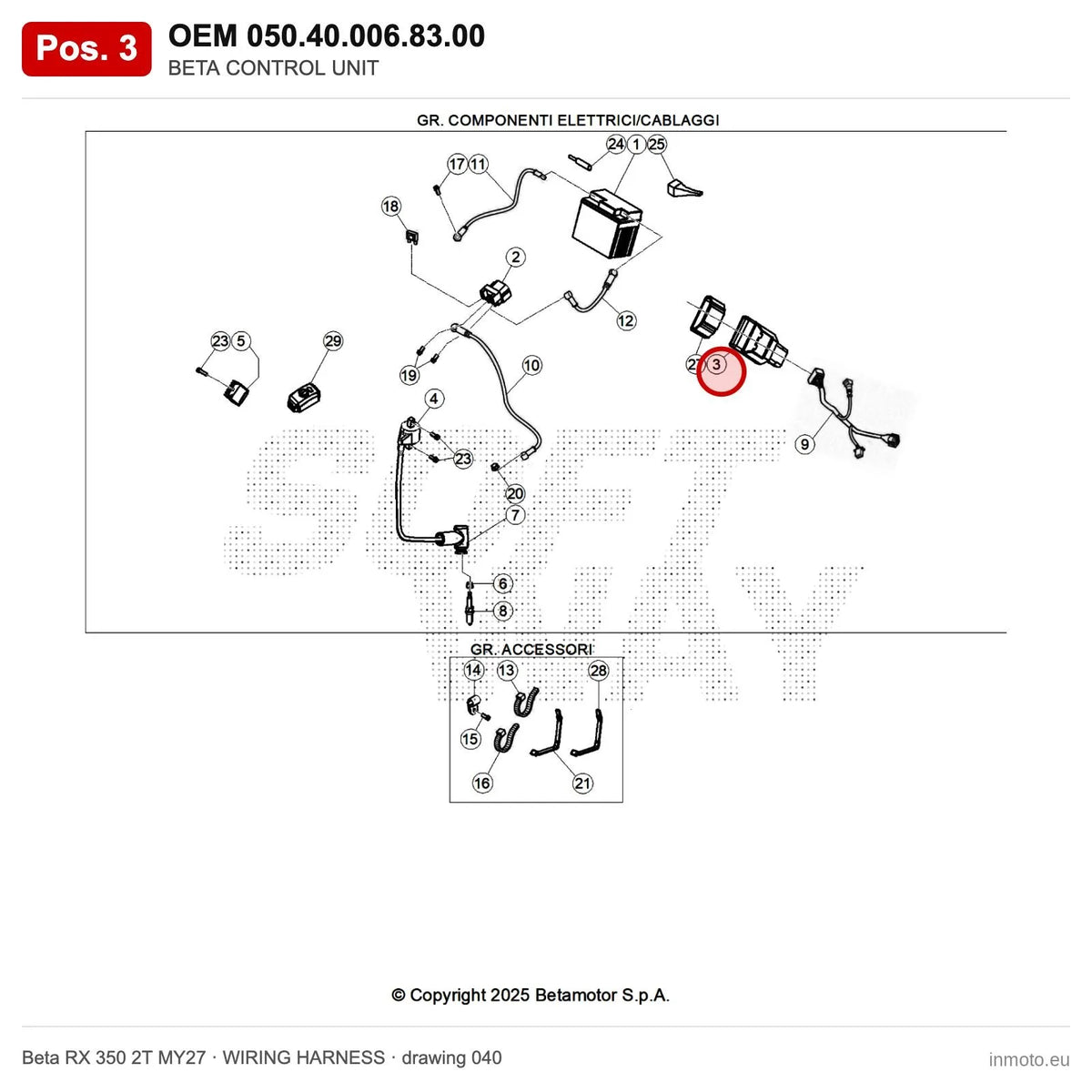 BETA CONTROL UNIT – OEM 050.40.006.83.00, position 3 on the Beta RX 350 2T MY27 wiring harness drawing