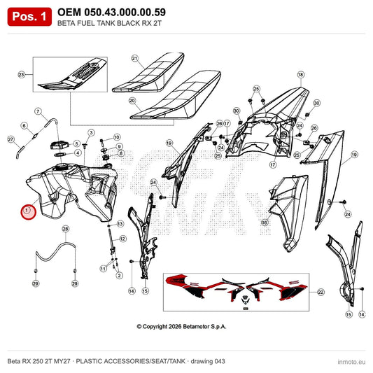 BETA FUEL TANK BLACK RX 2T – OEM 050.43.000.00.59, position 1 on the Beta RX 250 2T MY27 plastic accessories/seat/tank drawing