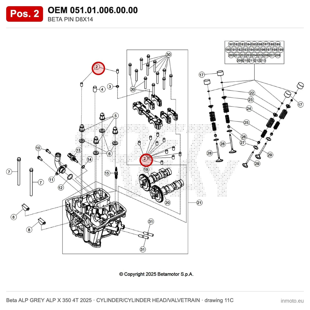 BETA PIN D8X14 – OEM 051.01.006.00.00, position 2 on the Beta ALP GREY ALP X 350 4T 2025 cylinder/cylinder head/valvetrain drawing