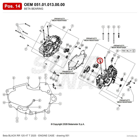 BETA BEARING – OEM 051.01.013.00.00, position 14 on the Beta BLACK RR 125 4T T 2025 engine case drawing