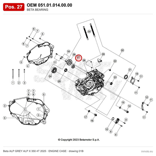 BETA BEARING – OEM 051.01.014.00.00, position 27 on the Beta ALP GREY ALP X 350 4T 2025 engine case drawing
