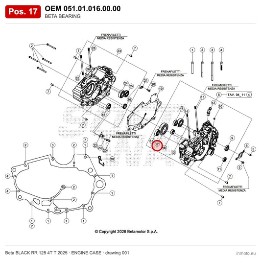 BETA BEARING – OEM 051.01.016.00.00, position 17 on the Beta BLACK RR 125 4T T 2025 engine case drawing