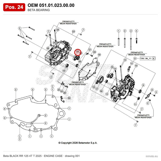 BETA BEARING – OEM 051.01.023.00.00, position 24 on the Beta BLACK RR 125 4T T 2025 engine case drawing