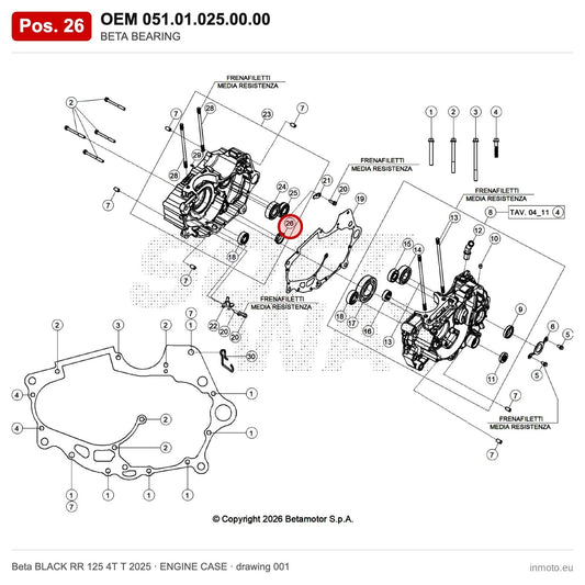 BETA BEARING – OEM 051.01.025.00.00, position 26 on the Beta BLACK RR 125 4T T 2025 engine case drawing