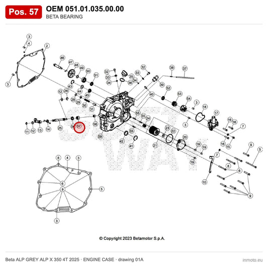 BETA BEARING – OEM 051.01.035.00.00, position 57 on the Beta ALP GREY ALP X 350 4T 2025 engine case drawing