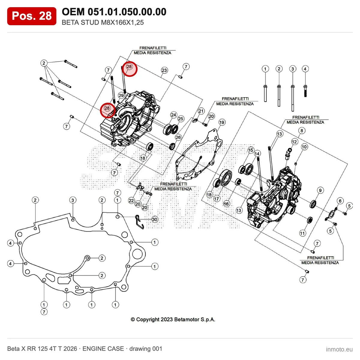 BETA STUD M8X166X1,25 – OEM 051.01.050.00.00, position 28 on the Beta X RR 125 4T T 2026 engine case drawing