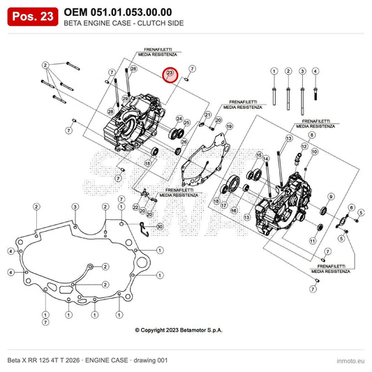 BETA ENGINE CASE - CLUTCH SIDE – OEM 051.01.053.00.00, position 23 on the Beta X RR 125 4T T 2026 engine case drawing