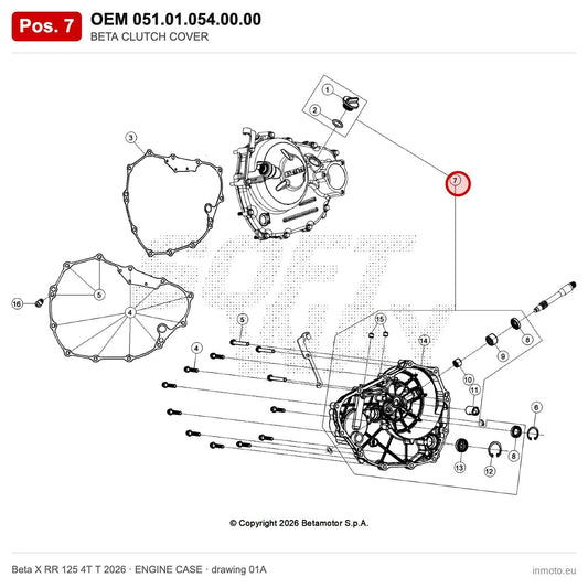 BETA CLUTCH COVER – OEM 051.01.054.00.00, position 7 on the Beta X RR 125 4T T 2026 engine case drawing