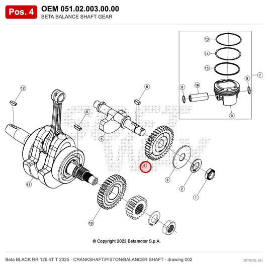 BETA BALANCE SHAFT GEAR – OEM 051.02.003.00.00, position 4 on the Beta BLACK RR 125 4T T 2025 crankshaft/piston/balancer shaft drawing