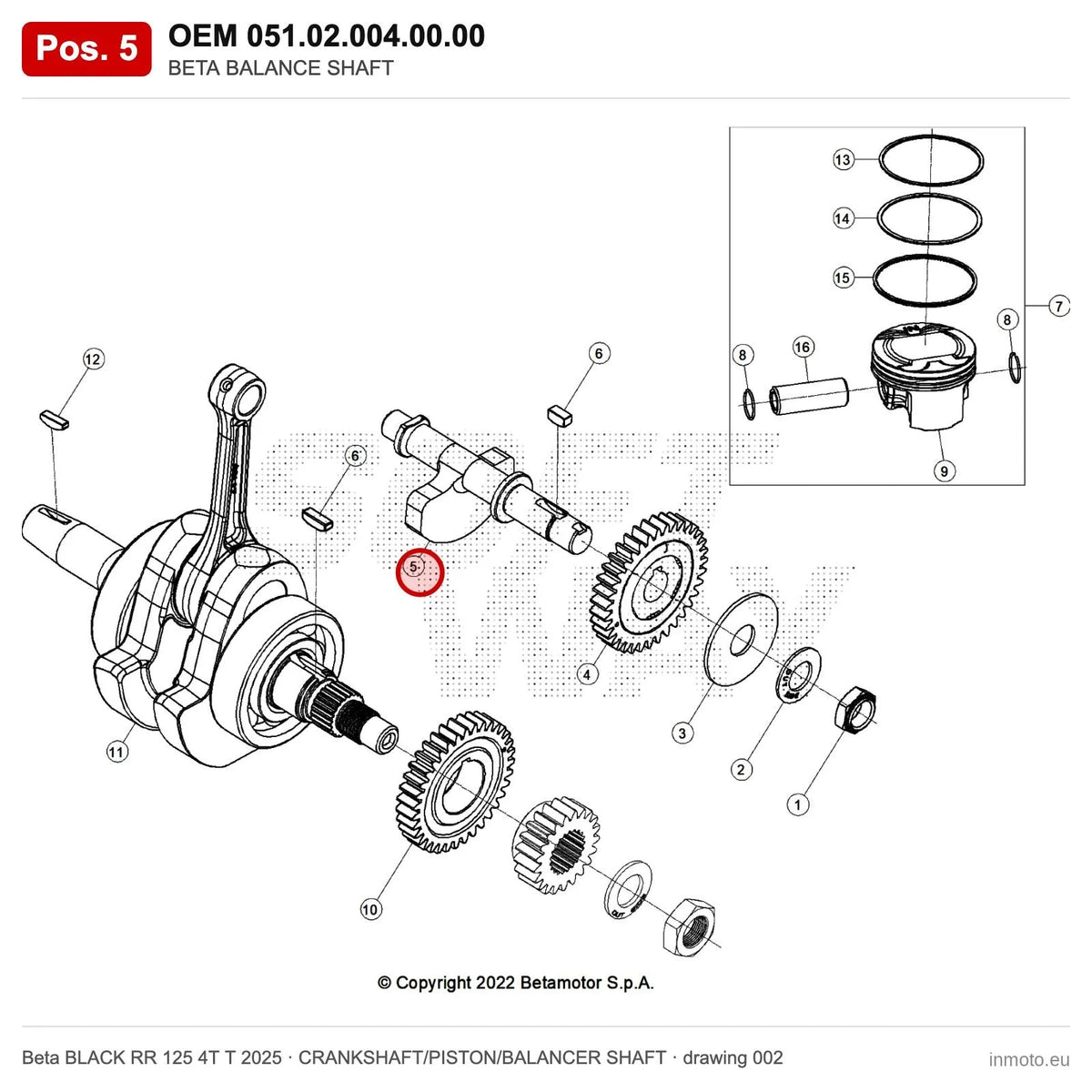 BETA BALANCE SHAFT – OEM 051.02.004.00.00, position 5 on the Beta BLACK RR 125 4T T 2025 crankshaft/piston/balancer shaft drawing
