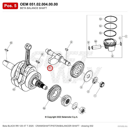BETA BALANCE SHAFT – OEM 051.02.004.00.00, position 5 on the Beta BLACK RR 125 4T T 2025 crankshaft/piston/balancer shaft drawing