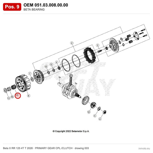 BETA BEARING – OEM 051.03.008.00.00, position 9 on the Beta X RR 125 4T T 2026 primary gear cpl./clutch drawing