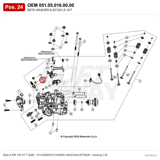 BETA WASHER 6,3X12X1,6 -KIT – OEM 051.05.016.00.00, position 24 on the Beta X RR 125 4T T 2026 cylinder/cylinder head/valvetrain drawing