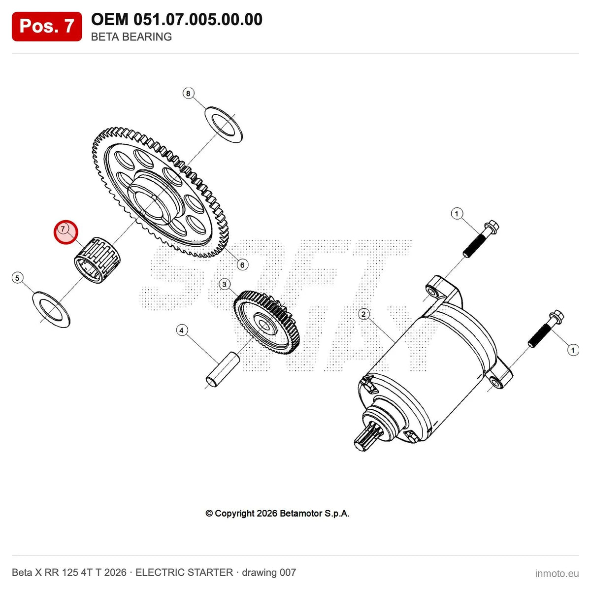 BETA BEARING – OEM 051.07.005.00.00, position 7 on the Beta X RR 125 4T T 2026 elettricstarter drawing