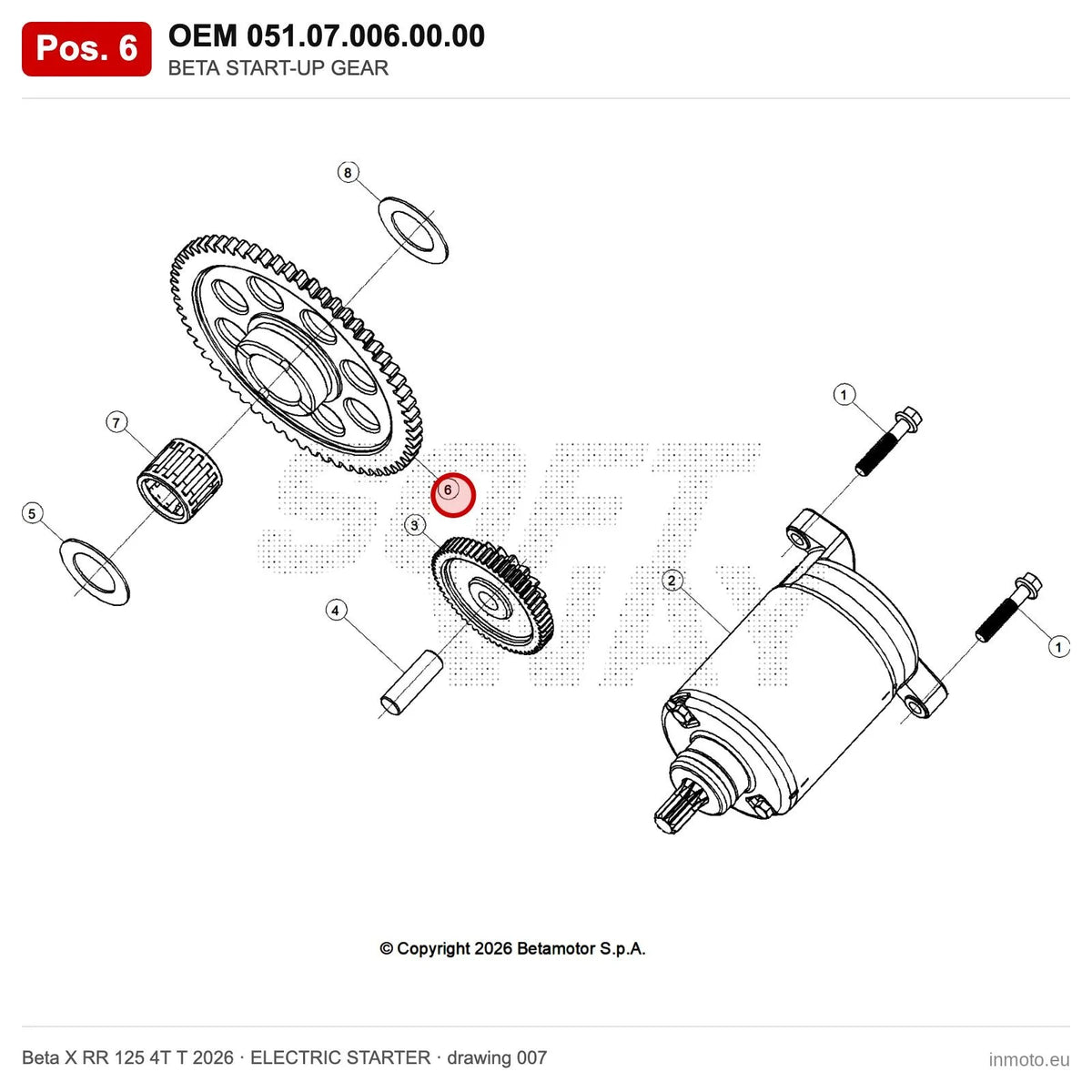 BETA START-UP GEAR – OEM 051.07.006.00.00, position 6 on the Beta X RR 125 4T T 2026 elettricstarter drawing