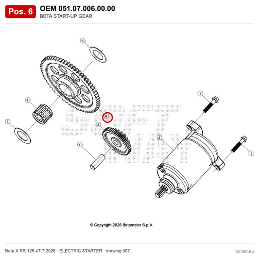 BETA START-UP GEAR – OEM 051.07.006.00.00, position 6 on the Beta X RR 125 4T T 2026 elettricstarter drawing