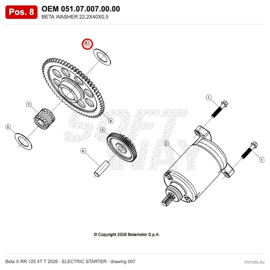 BETA WASHER 22,2X40X0,5 – OEM 051.07.007.00.00, position 8 on the Beta X RR 125 4T T 2026 elettricstarter drawing