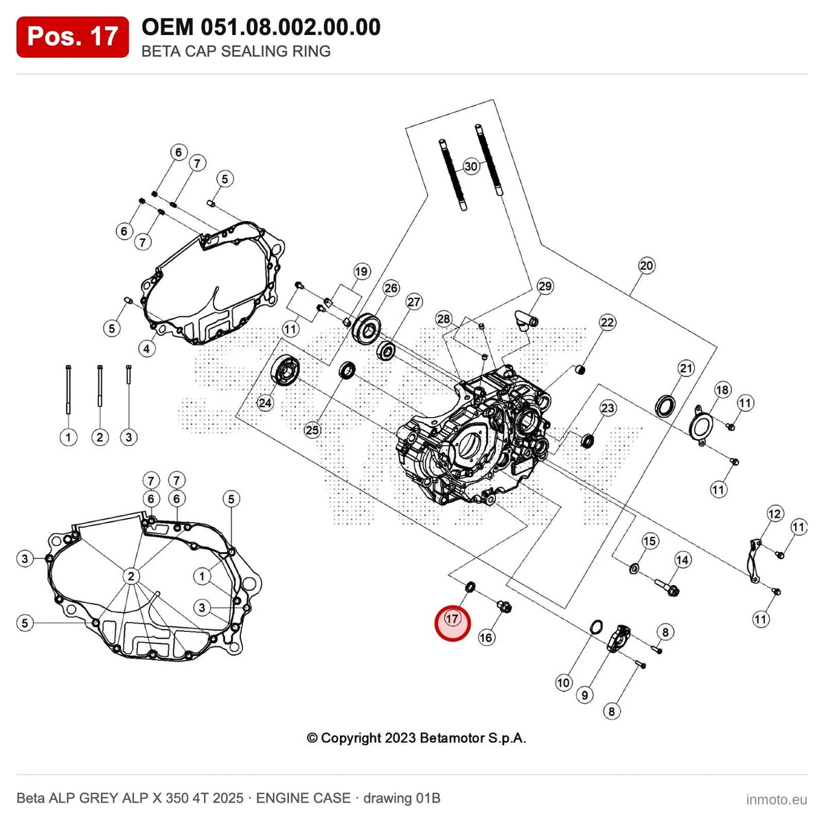 BETA CAP SEALING RING – OEM 051.08.002.00.00, position 17 on the Beta ALP GREY ALP X 350 4T 2025 engine case drawing